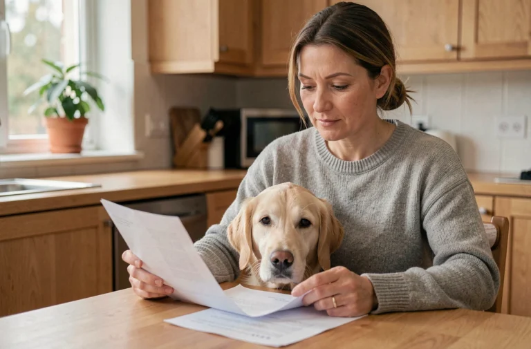 Femme consultant un contrat d'assurance pour animaux avec son golden retriever à ses côtés dans une cuisine moderne