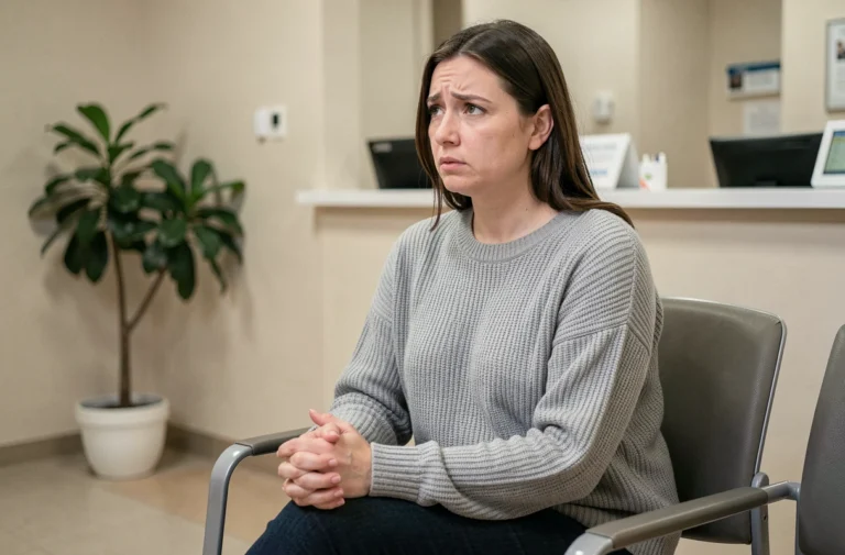 Femme anxieuse assise dans une salle d'attente de gynécologie lors d'un rendez-vous médical