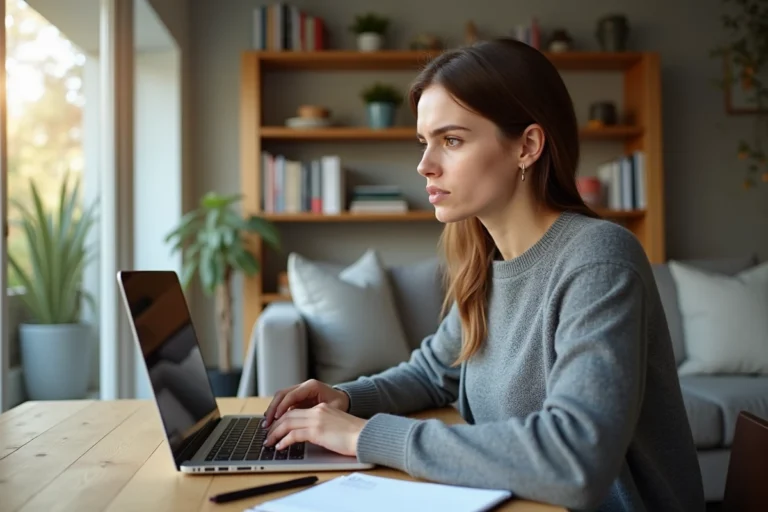 Femme consultant des avis utilisateurs sur un site de location immobilière comme 123 Loger depuis son appartement