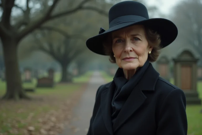 Femme portant un chapeau noir à large bord lors d'un enterrement dans un cimetière