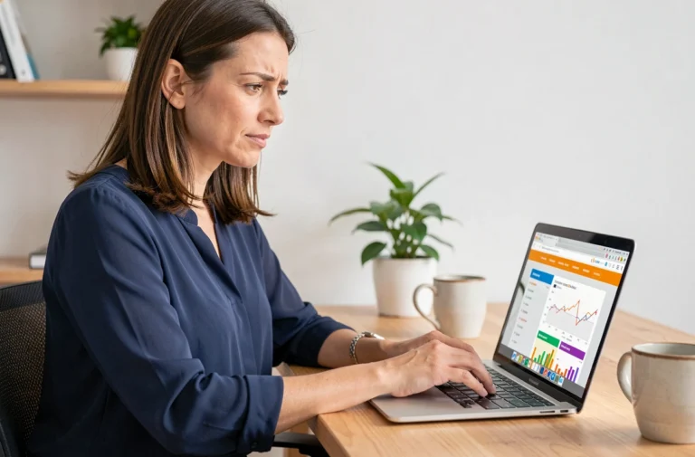Femme consultant un comparateur de crédit en ligne sur son ordinateur portable dans un bureau à domicile moderne