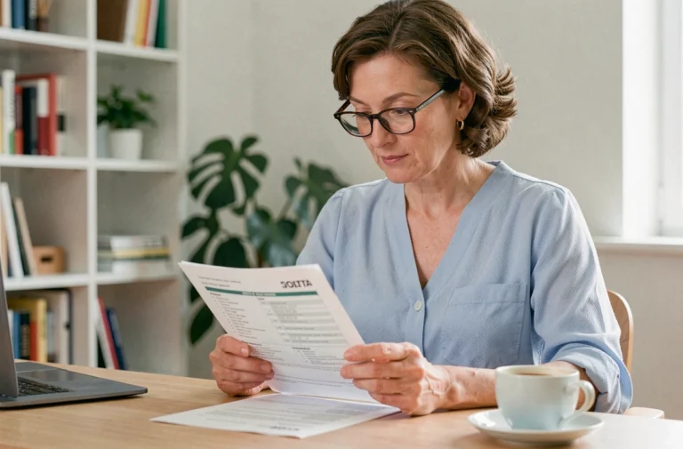 Femme consultant un document de mutuelle santé à son bureau à domicile