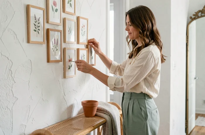 Femme aménageant une entrée de style scandinave avec des prints botaniques encadrés sur un mur en plâtre, console en rotin et pot en terracotta dans un décor tendance CallMeSpring
