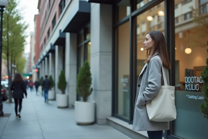 Femme hésitant devant la façade d'un cabinet dentaire après avoir lu des avis négatifs