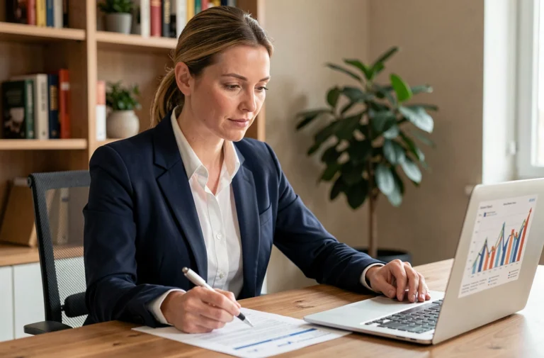 Femme consultant des documents de crédit à son bureau à domicile, illustrant les solutions de financement personnel