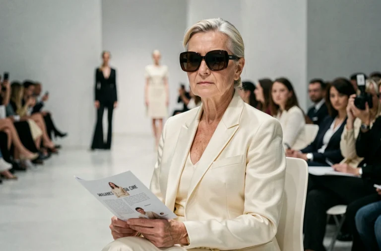 Femme élégante aux lunettes noires au premier rang d'un défilé de haute couture, évoquant l'univers d'Anna Wintour et du luxe de la mode