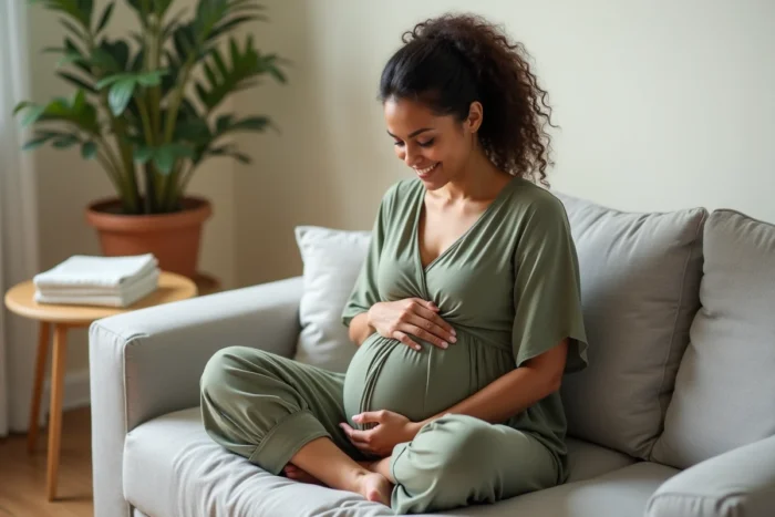 Femme enceinte sereine assise sur un canapé en lin gris tenant son ventre, entourée d'objets de préparation à la maternité