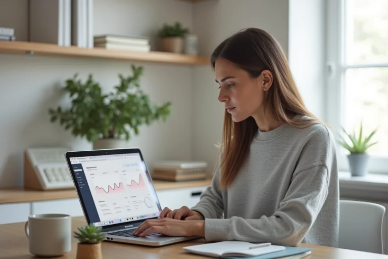 Femme entrepreneur travaillant sur son business en ligne depuis un bureau à domicile moderne et minimaliste