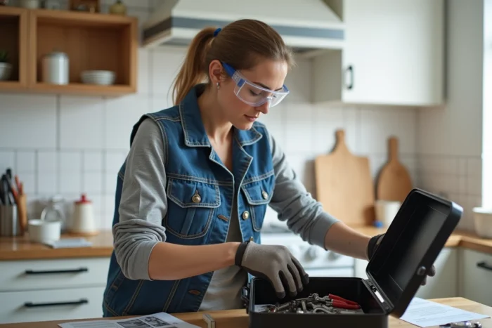 Femme en gilet utilitaire triant ses outils de bricolage sur une table de cuisine avec équipement de sécurité posé à côté