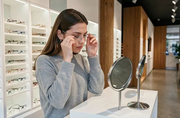 Femme essayant des lunettes sans ordonnance dans une boutique d'optique moderne