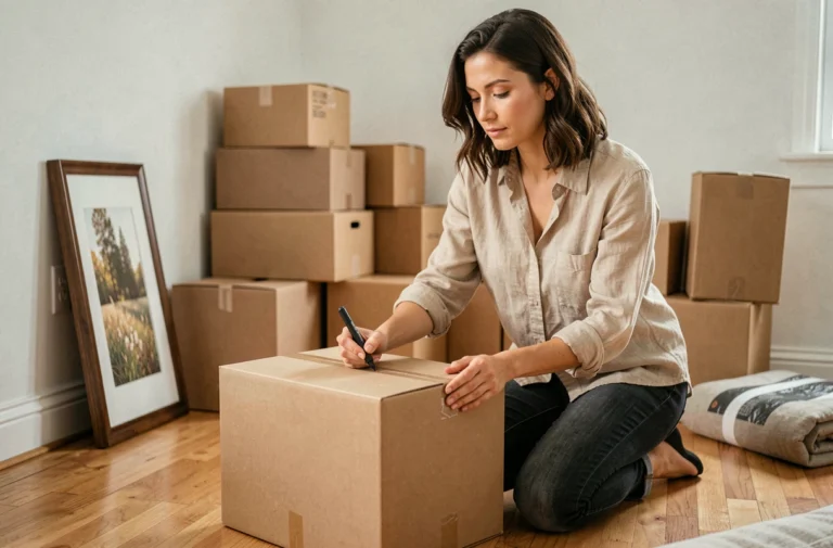 Femme organisant et étiquetant des cartons de déménagement dans un salon partiellement vidé