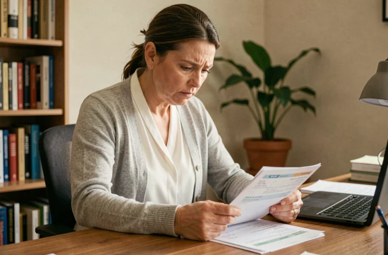Femme au bureau à domicile qui examine un bulletin de salaire pendant un arrêt maladie, expression préoccupée