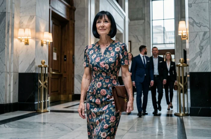 Femme influente en robe florale traversant le hall d'un grand immeuble médiatique, incarnant le pouvoir et l'influence d'une icône de la mode comme Anna Wintour