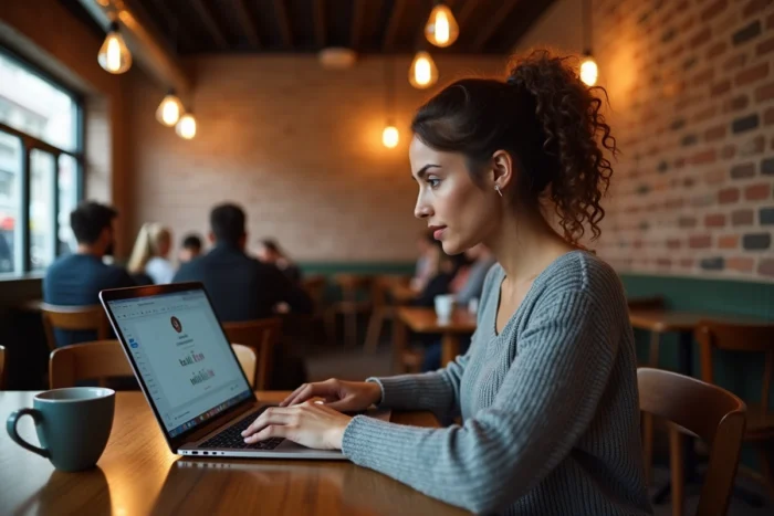 Femme effectuant des investissements en cryptomonnaies sur un ordinateur portable dans un café urbain tendance