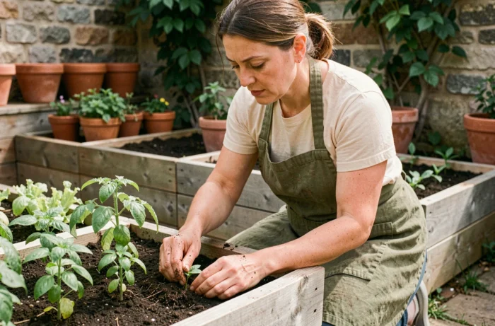 Femme jardinière plantant des semis dans un potager surélevé en bois avec des plants de tomates et de basilic