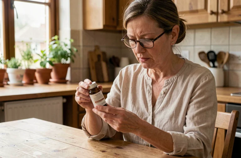 Femme lisant attentivement les contre-indications d'un complément alimentaire Argel 7 dans une cuisine naturelle