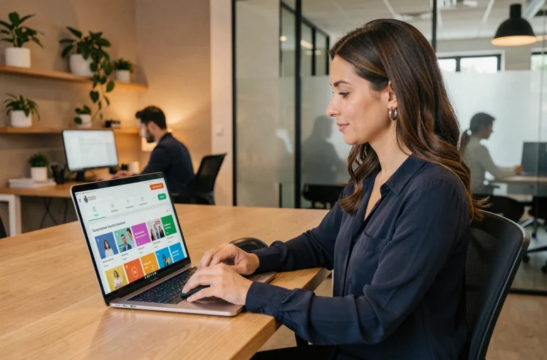 Femme professionnelle utilisant une plateforme d'apprentissage en ligne sur un ordinateur portable dans un bureau moderne