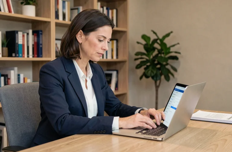 Femme professionnelle utilisant un ordinateur portable pour remplir une déclaration d'expertise en ligne sur le site DeclarationExpertise.fr