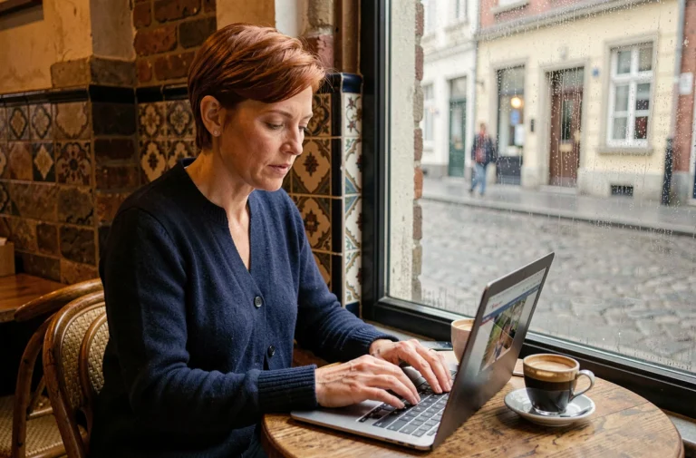Une femme belge consulte des informations locales sur son ordinateur portable dans un café bruxellois