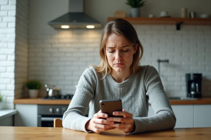 Femme consultant son smartphone avec un air perplexe face à un numéro de téléphone mobile inconnu