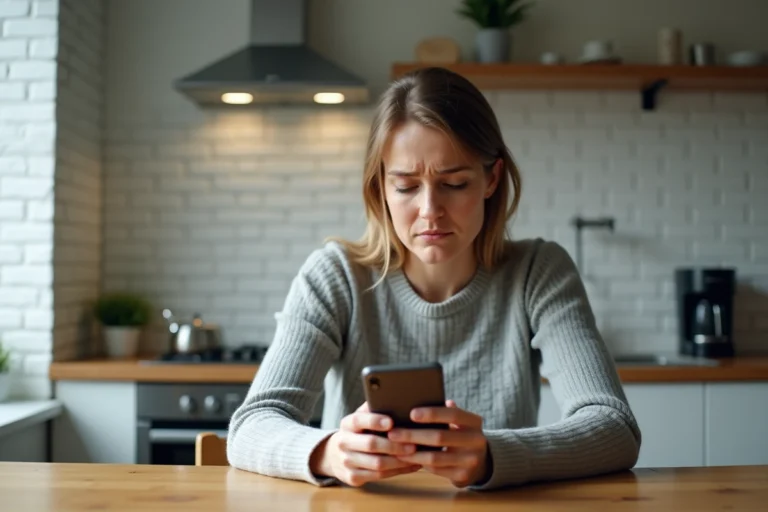 Femme consultant son smartphone avec un air perplexe face à un numéro de téléphone mobile inconnu