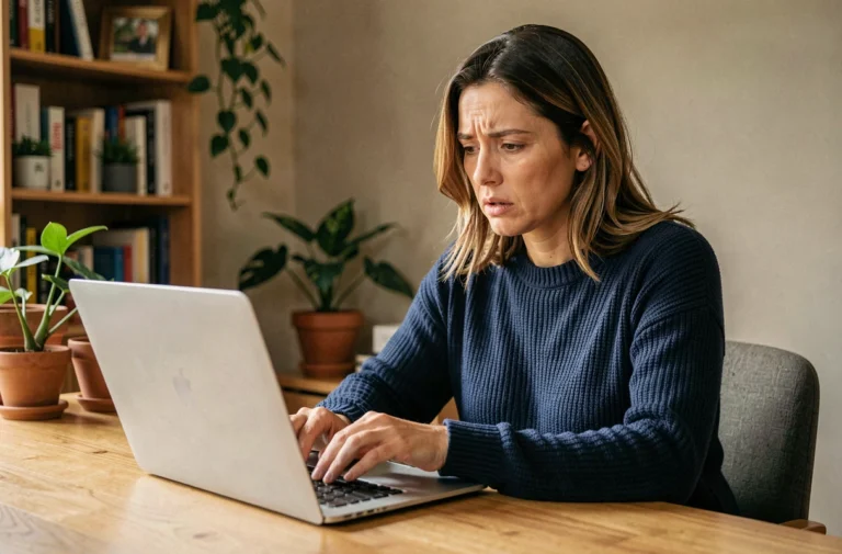 Femme vérifiant attentivement une réservation en ligne sur son ordinateur portable pour éviter les arnaques