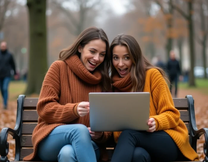 Deux femmes découvrant ensemble des actualités tendances et insolites sur un ordinateur portable dans un parc en automne