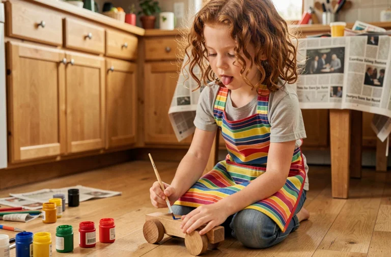 Fillette peignant un jouet en bois dans une cuisine familiale chaleureuse, activité créative pour enfants