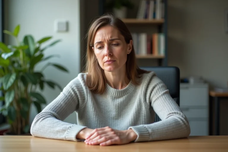 Femme ressentant des fourmillements dans les mains au bureau, liés au stress