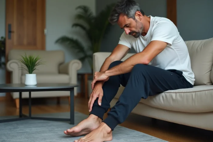Homme assis examinant des fourmillements dans les pieds liés au stress