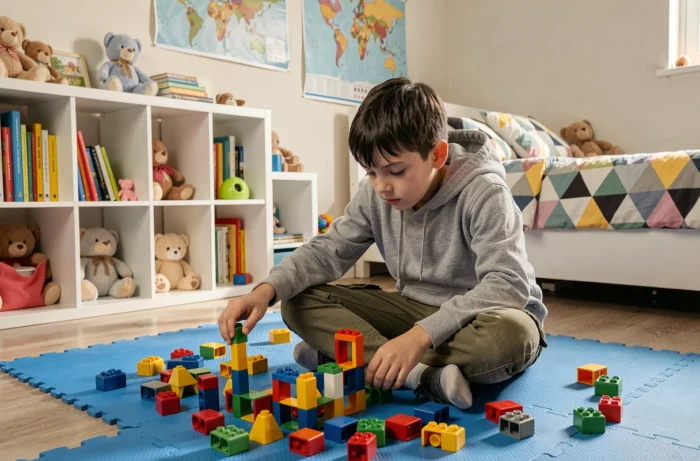 Garçon concentré assemblant un jeu de construction coloré dans une chambre d'enfant bien rangée
