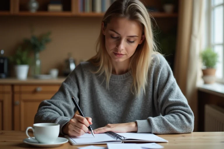 Femme gérant son budget familial avec un carnet de notes et des reçus sur une table de cuisine en bois
