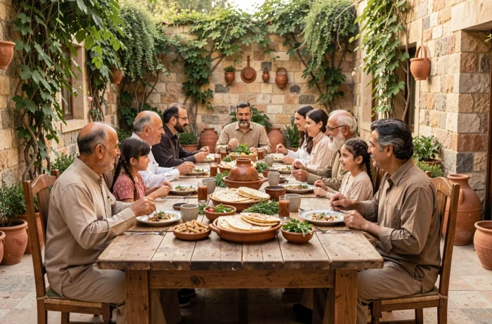 Famille multigénérationnelle d'origine moyen-orientale réunie autour d'un repas traditionnel dans un jardin en pierre