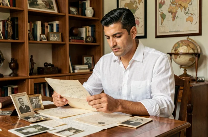 Homme d'origine moyen-orientale examinant des photos de famille et des documents généalogiques dans un bureau chaleureux
