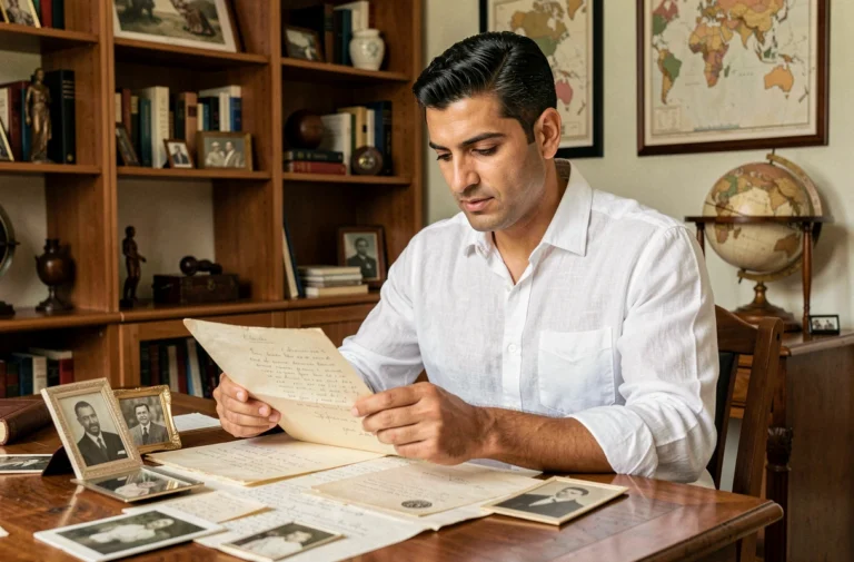 Homme d'origine moyen-orientale examinant des photos de famille et des documents généalogiques dans un bureau chaleureux
