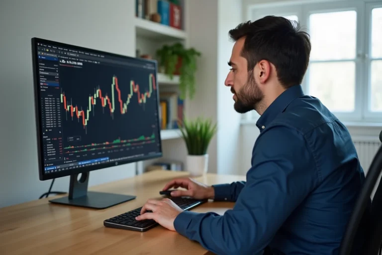 Homme analysant des graphiques de cryptomonnaies sur un écran d'ordinateur dans un bureau minimaliste moderne
