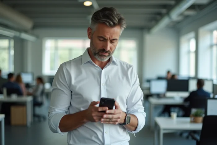 Homme en bureau regardant un appel entrant d'un numéro mobile inconnu sur son téléphone