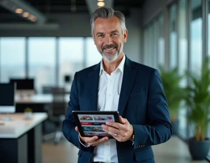 Homme d'affaires découvrant des actualités tendances et insolites sur une tablette dans un bureau moderne en ville