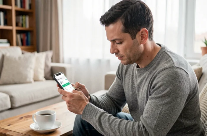 Homme comparant des offres de crédit en ligne sur smartphone depuis son salon, pour financer un projet personnel