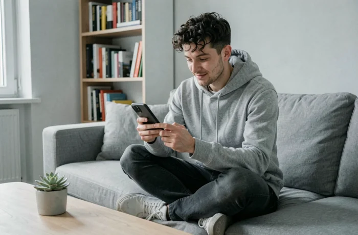 Jeune homme comparant des prix sur une application shopping depuis son canapé avec son smartphone