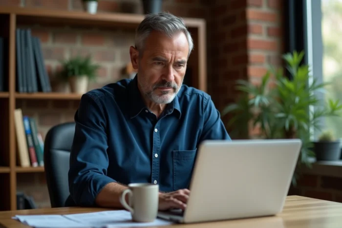 Homme consultant des avis en ligne sur un ordinateur portable depuis son bureau à domicile
