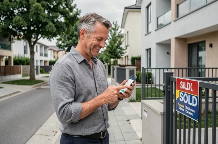 Homme consultant les rubriques d'un site immobilier sur smartphone devant une résidence moderne