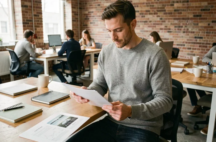 Homme consultant ses documents et son téléphone pour débuter sa démarche sur DeclarationExpertise.fr dans un espace de coworking