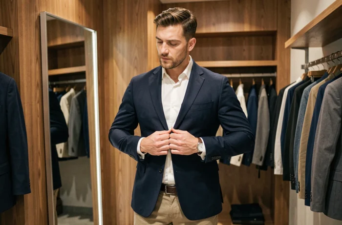 Homme essayant un blazer IKKS dans une cabine d'essayage de boutique de mode masculine