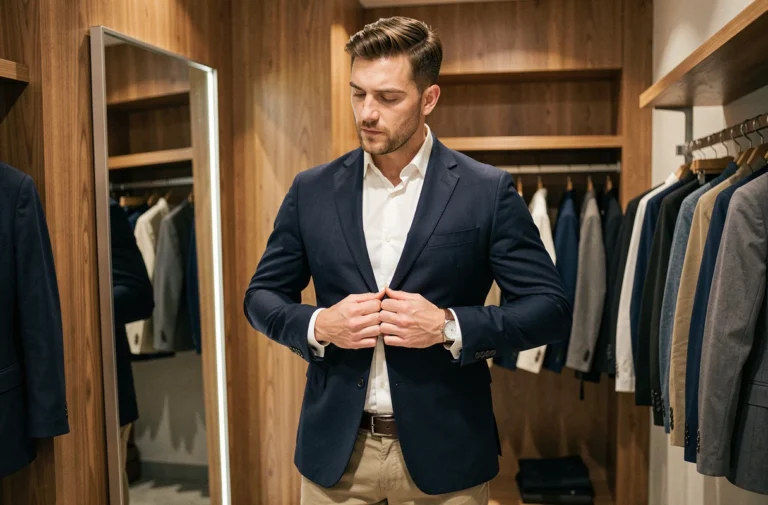 Homme essayant un blazer IKKS dans une cabine d'essayage de boutique de mode masculine
