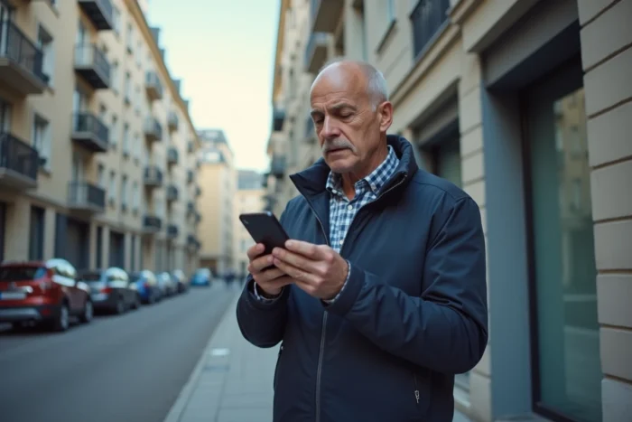 Homme évaluant une annonce immobilière sur smartphone devant un immeuble en ville