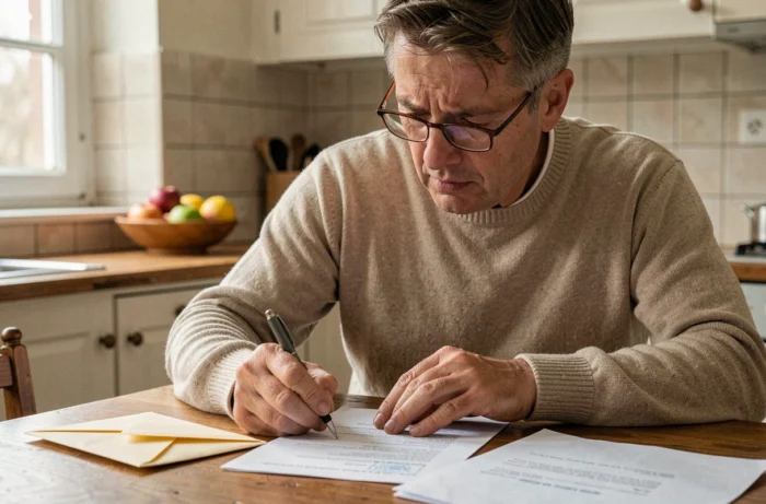 Homme à la table de cuisine remplissant un formulaire administratif suite à un trop perçu de salaire pendant un arrêt maladie