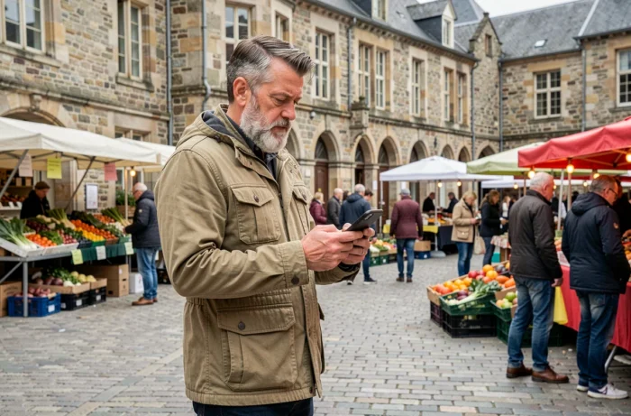 Un homme consulte des informations municipales sur son smartphone sur une place de marché à Liège