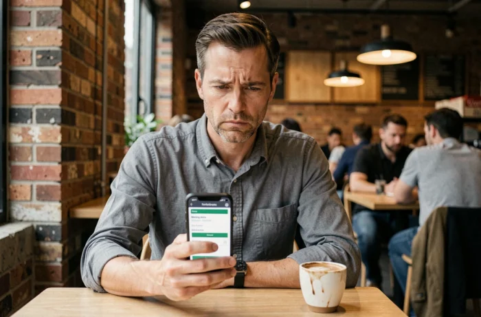 Homme consultant son smartphone pour vérifier une confirmation de réservation en ligne et détecter une arnaque potentielle