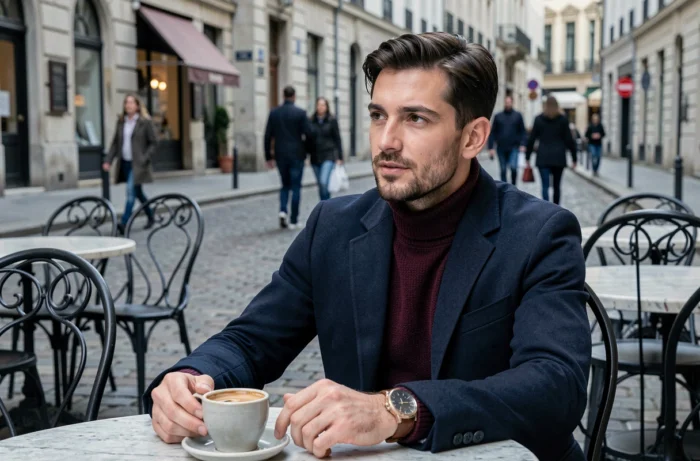 Homme stylé portant une montre en cuir et un manteau en laine marine attablé à une terrasse de café européenne avec des accessoires élégants